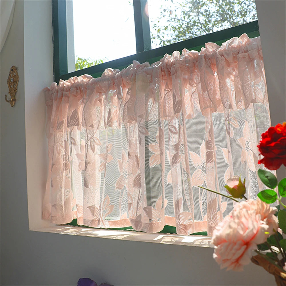 YICKYUE  -  Punch-Free French Pastoral Style Pink Lace Curtain For Kitchen And Living Room Small Window Half Curtain Ruffled Window Screen
