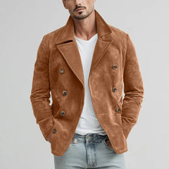YICKYUE  -  Vintage American Style Suede Jacket Men Notched Lapel Double-breasted Long Sleeve Suit Top Spring Autumn Leisure Streetwear Coat