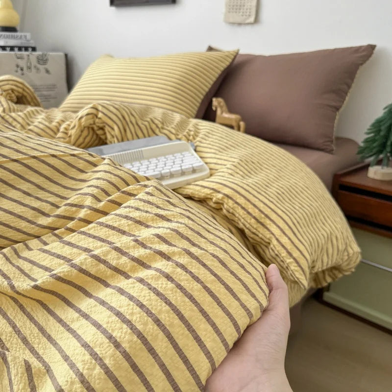 YICKYUE  -  3/4pcs Striped Bedding Set Japanese Style Soft Sheet Kit with Quilt Cover Comfy Four Seasons Student Adult Bedclothes Twin
