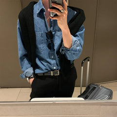 HEARUJOY  -  Men Denim Long Sleeve Shirt High End Outfit British Yuppie Style Shirt Spring Autumn New Versatile Outerwear