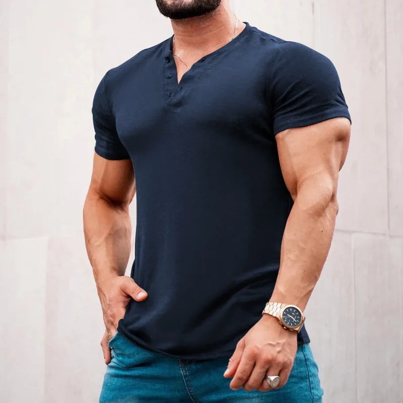 HEARUJOY  -  Men's European Size 3 Button Henry Round Neck Short Sleeve Slim Solid Color Thin T-shirt