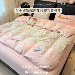 YICKYUE  -  3/4Pcs Bedding Set Bed Sheets Full Set 100% Cotton Checkered Bow Pink Duvet Cover Cute Core Princess Bedding Four-Season