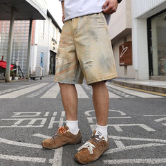HEARUJOY  -  Yellow mud-dyed, washed and worn-out holes straight denim cropped pants. Retro men's summer straight thin shorts are fashionable