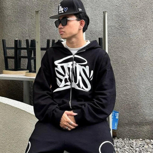 Hearujoy Hip Hop Letter Print Oversized Zip Up Hoodie Sweatpants Two Piece Set Y2K Clothes Tracksuit Men Casual Pants Tops Men Clothing