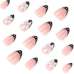 YICKYUE  -  24pcs 3D Flower Press On Nails Black French Style Fake Nails With White Polka Dot Designs Almond Shape Manicure Art For Women
