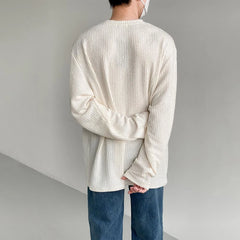 Hearujoy Mens Autumn Winter Personalized Pleated Long-Sleeve T-Shirts Genderless French Casual Loose Round Neck Solid Color Tops Unisex
