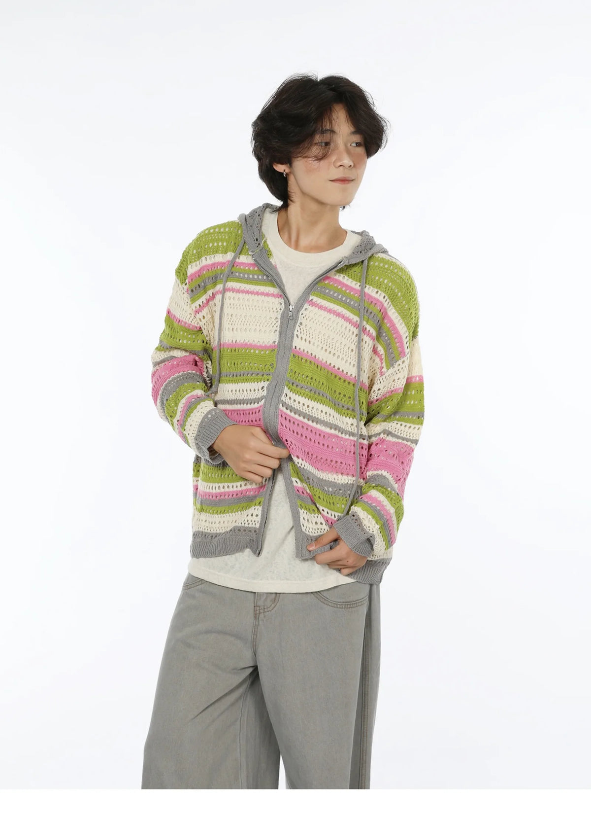 HEARUJOY  -  American Striped Cardigan Mens Spring Summer Color Block Sunscreen Hooded Sweater Jacket Hollow Zipper Retro Knitted Shirt