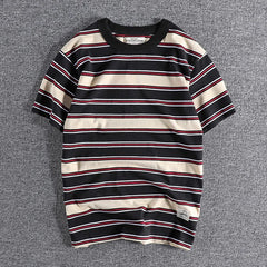 HEARUJOY  -  Summer Splicing Pure Cotton Stripe Short Sleeve T-shirt Streetwear Amekaji Heavyweight Casual Male Round Neck Tshirt Tops Tee