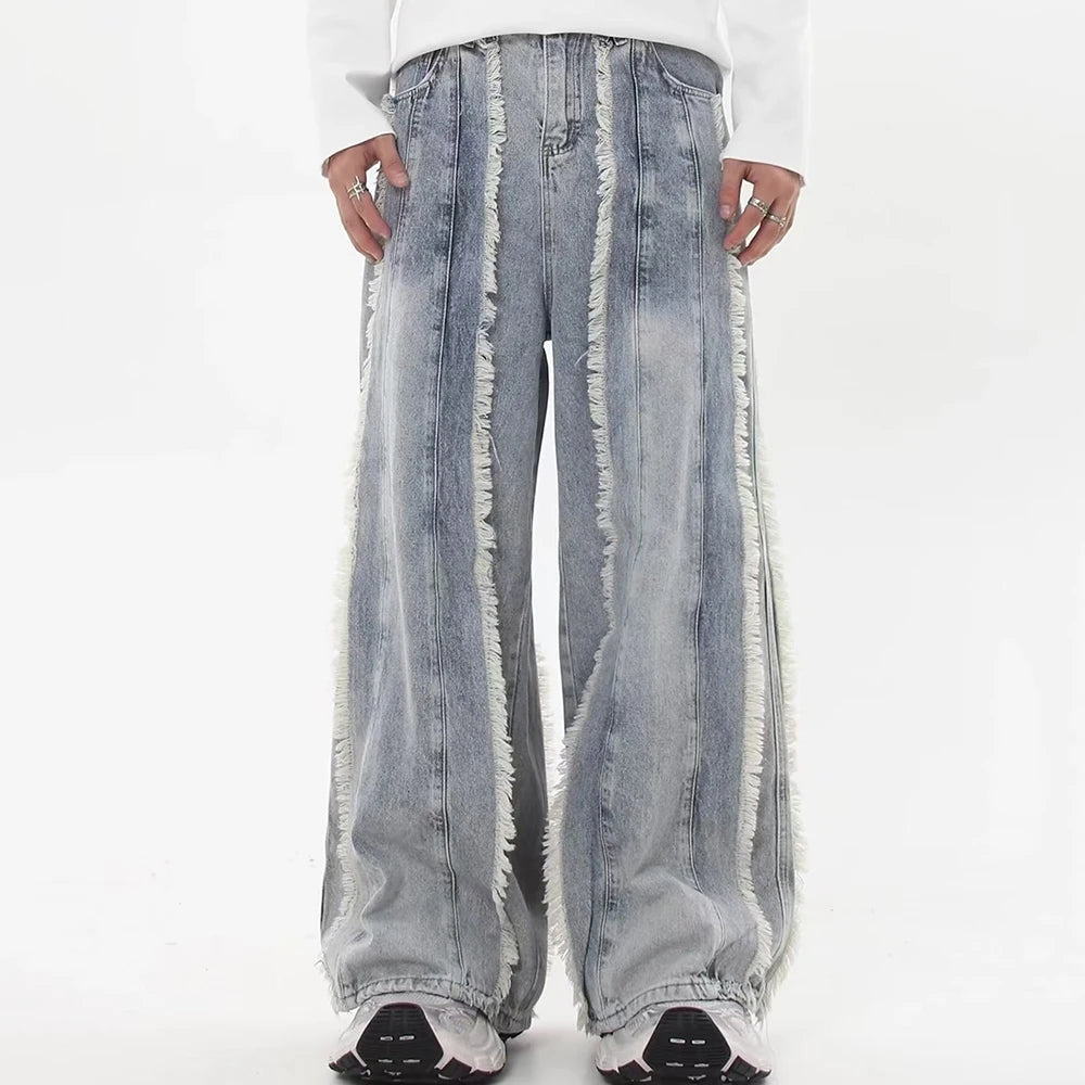 Hearujoy Distressed Vintage Striped Washed Baggy Blue Jeans Pants Mens Wide Leg Casual Loose Denim Trousers Oversized Ripped Cargos