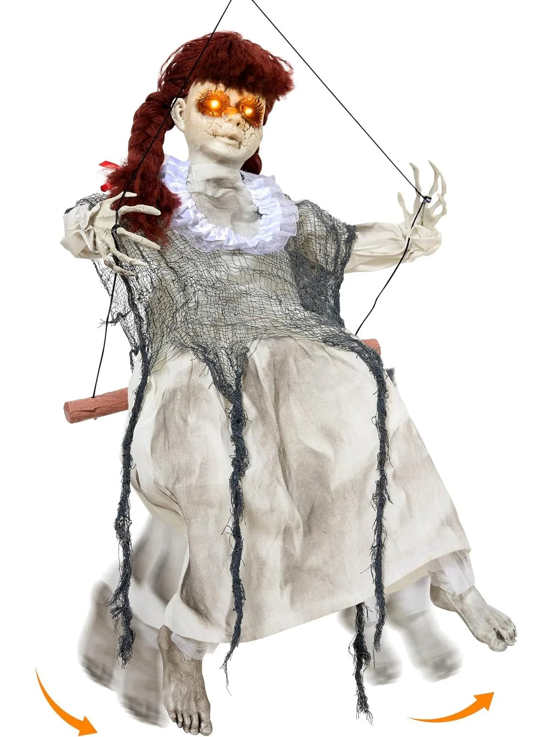 YICKYUE  -  Hanging Scary Swing Girl Halloween Decorations Outdoor Halloween Decorations Winging White Doll with Creepy Sound and Light Up Eyes Sound, Animatronics Hanging Decors Activated