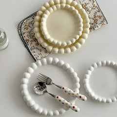 YICKYUE  -  White/Yellow Beads Ceramic Plate Round Tableware Main Dish Western Food Decorative Plate Kitchen Utensils Cake Decorative Tray