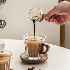 YICKYUE  -  2 Set Coffee Cups with Wood Coaster | Tempered Glassware Round Table Setting for Dining, Home Restaurant Use, for Housewarming