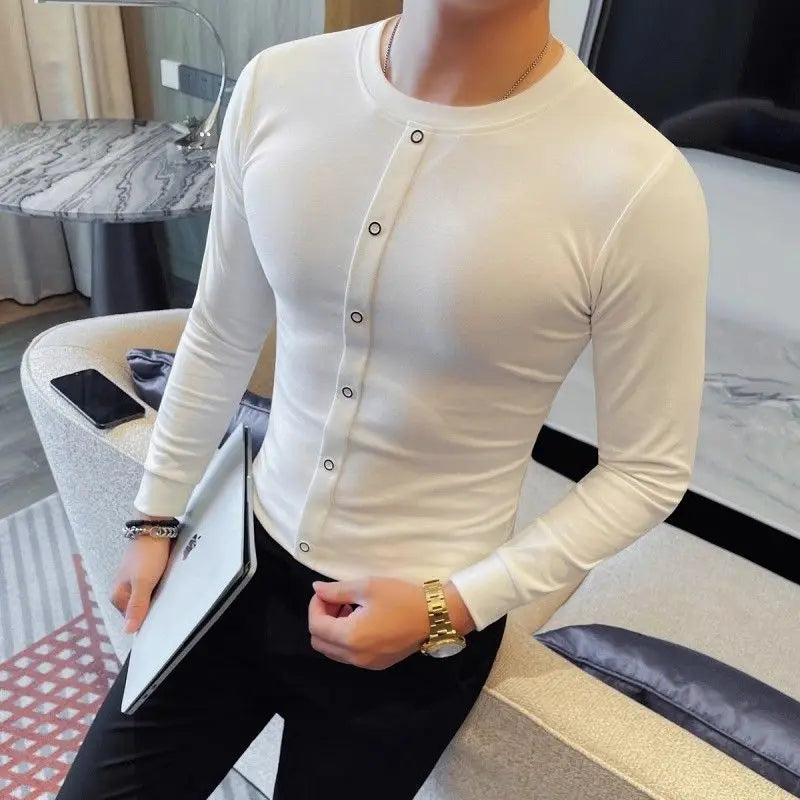 HEARUJOY  -  Men's New Fashion Minimalist Slim Fit Crew Neck T-shirt Unique Button Panel Design Stylish Basic Layering Top