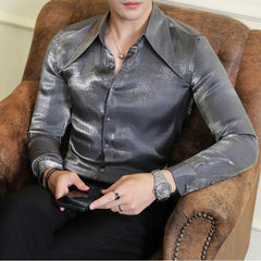 Hearujoy Mens Korean Style Slim Sexy Polarized Pointed Collar Long-Sleeve Shirt Autumn Nightclub Trend No-Iron Anti-Wrinkle Shirt For Men