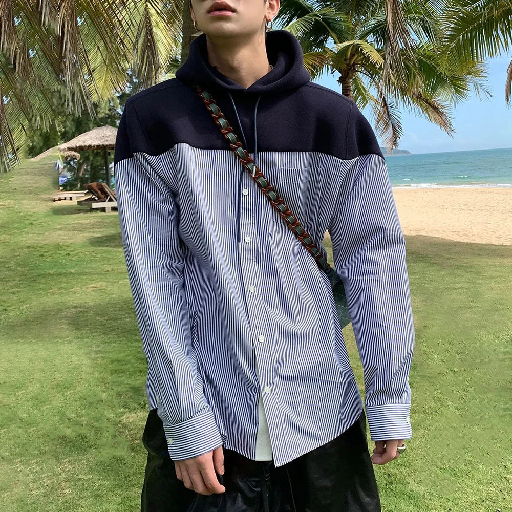 Hearujoy Spring Autumn Simple Temperament Loose Casual Fashion Oversized Versatile Striped Hooded Shirt Single-Breasted Spliced Tops