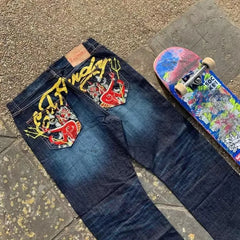 Hearujoy Y2k American trend street style printed denim pants Women new gradient jeans Goth Harajuku retro loose casual couple jeans