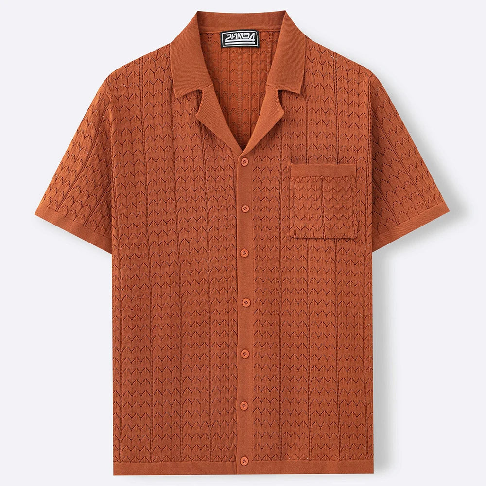 HEARUJOY  -  Summer New Men's Solid Color Knitted Short-Sleeved Shirt Retro Fashion Casual Trend Simple Loose Seaside Vacation Men's Tops