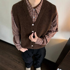 YICKYUE  -  Vintage Men V-neck Knitted Vest Vardigan sleeveless Tank Tops Fall 91% Mohair Sweater Waistcoat Overlapping Outer Clothing