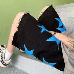 HEARUJOY  -  New Summer Oversized Denim Shorts Mens American Street Star Pattern Washed Cowboy Capris High Street Straight Wide Leg Capris