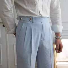 HEARUJOY  -  Fashion Men's Italian Style Naples Suit Pants Blue Stripes Seersucker High Waist Paris Buckle Trouser England Business Casual Pa
