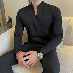 HEARUJOY  -  New Chinese Solid Color Slim and Simple Men's T-shirt Stand Collar Elastic Casual V-neck T Base Shirt