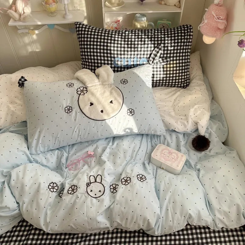 YICKYUE  -  3/4Pcs Bedding Set Kawaii Bedding Double Bed Single Bed Linen Cartoon Sets Full Four-Season Bedding Rabbit Full-Size