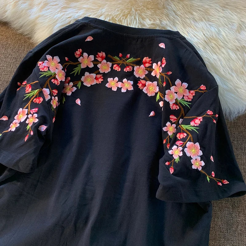 HEARUJOY  -  Embroidery T Shirt Man Flower Fashion Harajuku T Shirt Women Cotton Japanese Hip Hop Tees Short Sleeve Streetwear High Quality