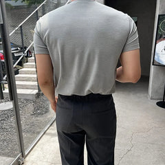 Hearujoy Mens Casual Zipper Short-Sleeved Tops Genderless 2024 Spring New Business Versatile Simple Solid Color Comfortable Tops Unisex