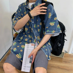 HEARUJOY  -  Summer Men Vintage Denim Shirts Short Sleeve Floral Printed Blouse Casual Loose Male Jean Coats Single-breasted Pocket Tops