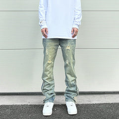 Streetwear Men Blue Washed Jeans Relaxed Fit Side Zipper Buckle Tapered Jeans Pants Male Distressed Hole Denim Pants Vintage