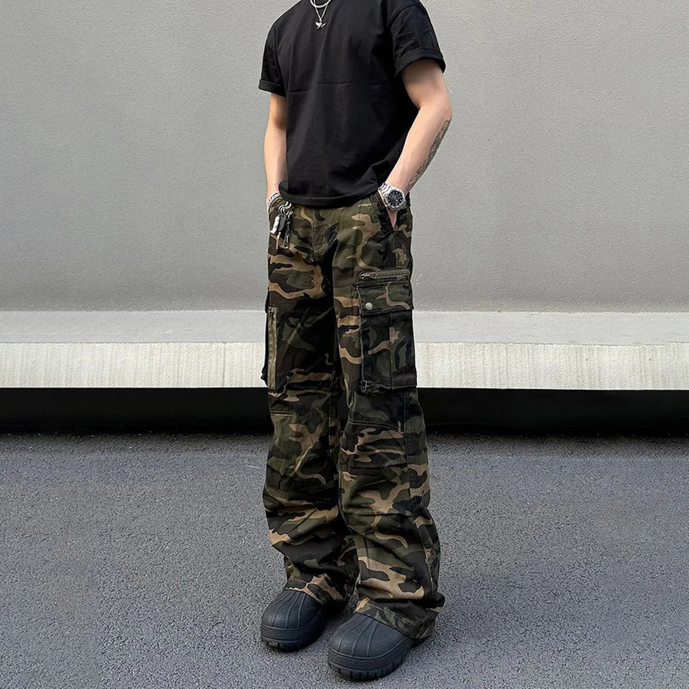 Hearujoy Mens Denim Trousers Vintage American Retro High Street Camouflage Functional Design Straight Durable Versatile Trousers Summer