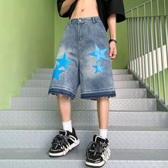HEARUJOY  -  New Summer Oversized Denim Shorts Mens American Street Star Pattern Washed Cowboy Capris High Street Straight Wide Leg Capris