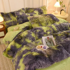 YICKYUE  -  4pcs Colorful Printed Plush Four Piece Set Winter Mink Fur Set for Duvet Covers Thick Crystal Velvet Bed Sheet Bedsheet Skirt