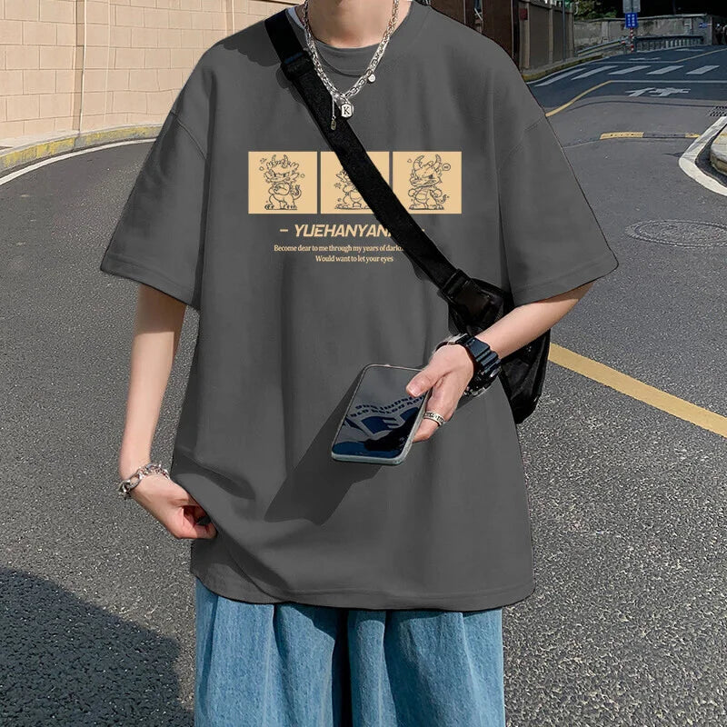 YICKYUE  -  Men's T-shirts Cotton Big Size Mens Summer Wear Black Oversized T Shirt Chinese Loong Print Casual Tee Shirts Male Clothes