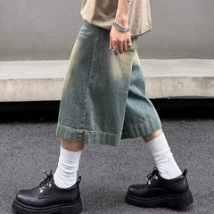 HEARUJOY  -  Summer Trend Denim Cropped Trousers Mens American Hip Hop Washed Wide Leg Shorts Unisex  High Street Straight Cowboy Mid Pants