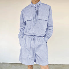 HEARUJOY  -  Men Sets Plaid Stand Collar Long Sleeve Shirt & Shorts Two Pieces Sets Streetwear Fashion Men's Casual Suits S-5XL