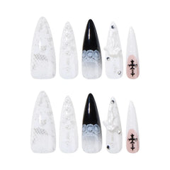 YICKYUE  -  New 24pcs Gothic White Lace Print Black French 3D Bow Pearl Long Nail False Detachable&Wearable Press on Nails for Women&Girls