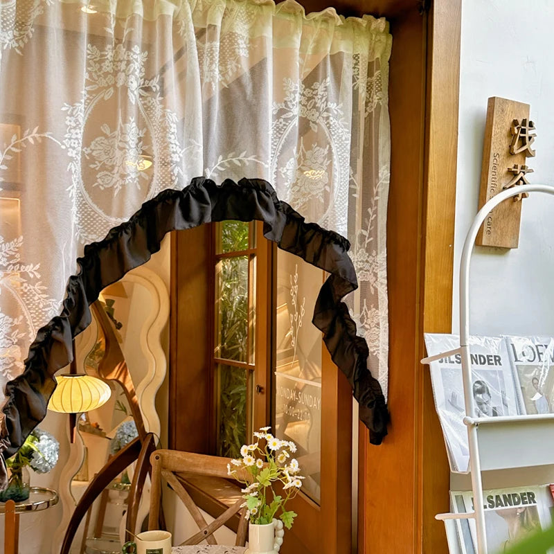 YICKYUE  -  White Lace Short Curtain Middle Ancient Arch Transparent Half Curtain Half Gauze Curtain for Kitchen Doors Windows Home Decor