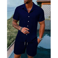 HEARUJOY  -  Fashion Men Two Piece Sets Cardigan Short Sleeve Lapel Shirts And Short Pant Men Stripe Outfit Summer Casual Loose Suit