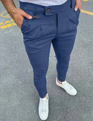 HEARUJOY  -  Spring Summer Fashion Vintage Pencil Pants Men Button Waist Design Business Casual Trousers Fake Pocket Slim fit Suit Pant