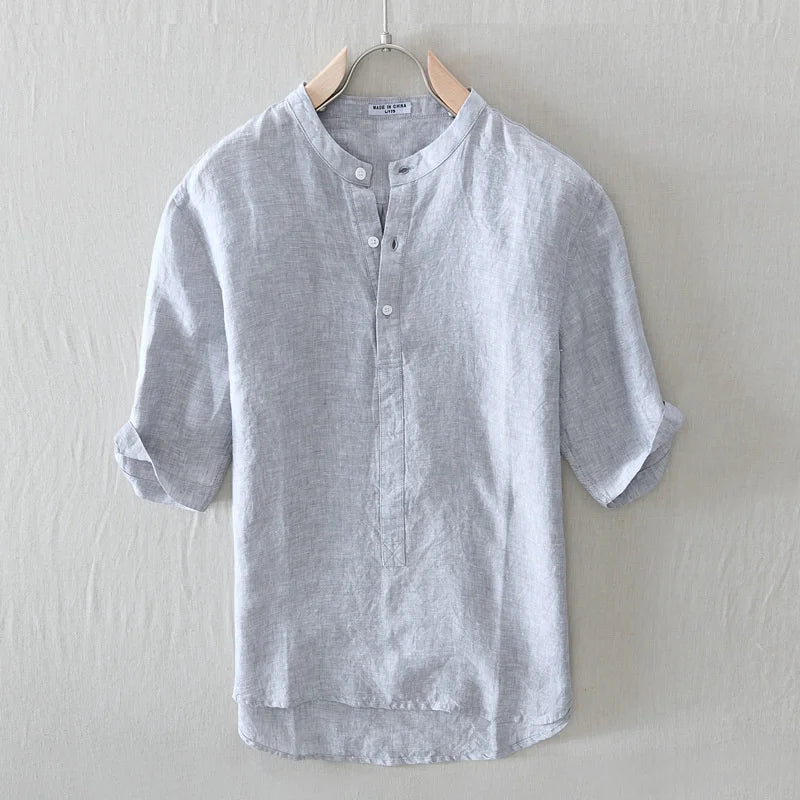 HEARUJOY  -  Summer 100% Linen Men's Solid Color Shirt Japanese Styles Stand-up Collar Half Sleeve Fresh Comfortable Classical Tops Shirt Man