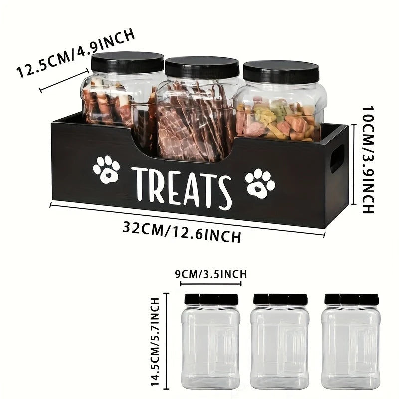 YICKYUE  -  Natural Wooden Pet Snack Box with 3 Sealed Plastic Containers - Airproof Cat & Dog Food Storage Organizer