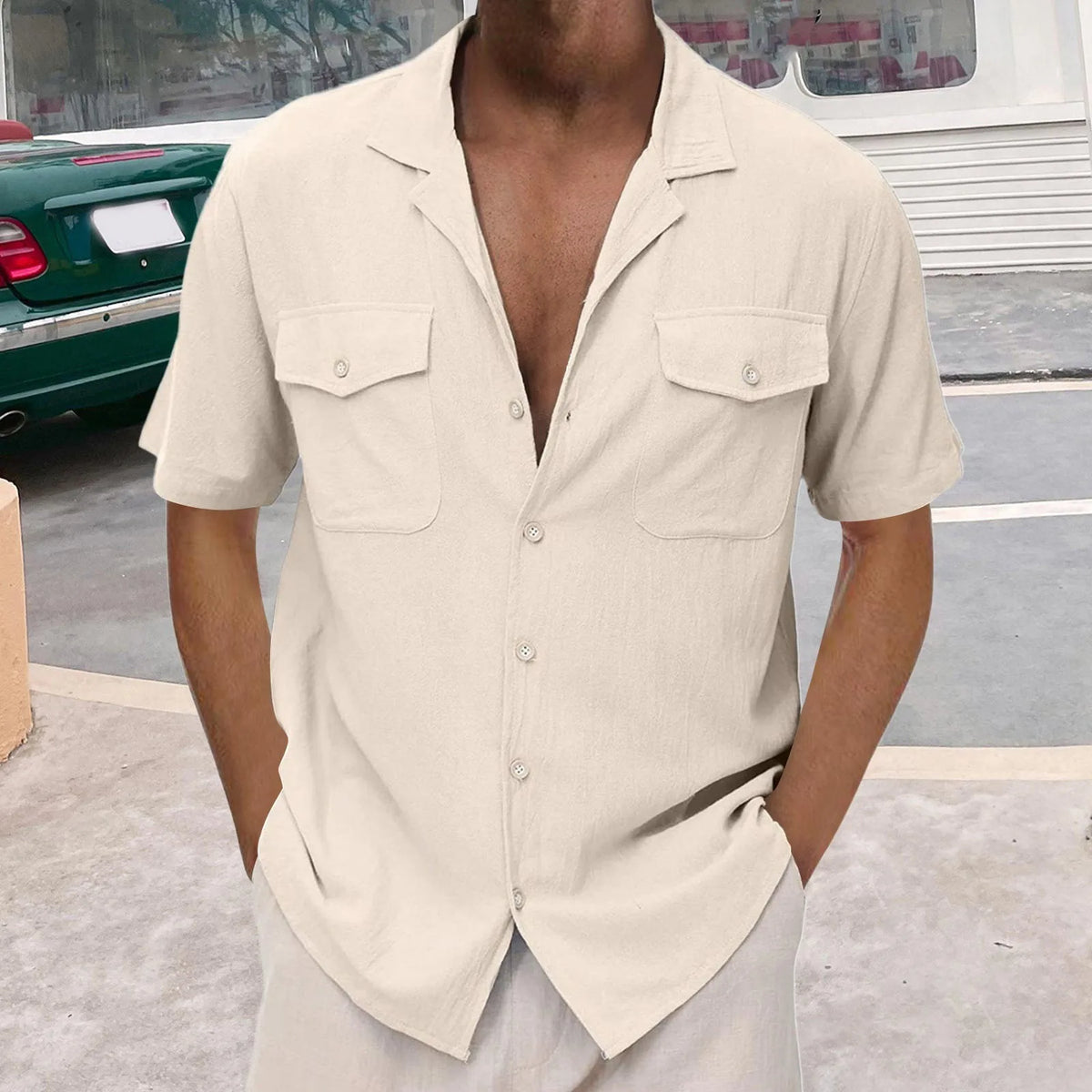 HEARUJOY  -  Men'S Casual Cardigan Short Sleeve Double Pocket Shirt Fashion Wrinkle-Free Casual Men'S Shirt