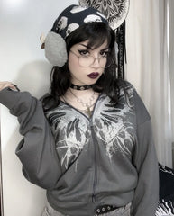 HEARUJOY  -  High street American y2k butterfly pattern print retro zipper hoodie women's casual loose and versatile couple goth sweatshirt