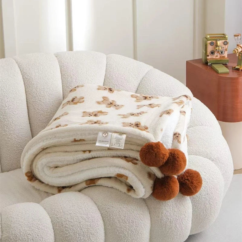 YICKYUE  -  Cartoon Bear Flannel Blanket Ball Decoration Double-Layer Thickened Fleece Warm Children Single Double Bed Blanket Sofa Throw