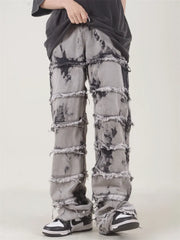 Hearujoy Striped Tassel Frayed Straight Baggy Jeans Hip Hop Black Tie-dye Pants Harajuku Male Female Streetwear Casual Denim Trousers