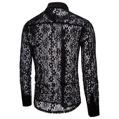 HEARUJOY  -  Shirts Sexy Lace Hollow Out Cardigan Turn Down Collar Men Single Breasted Shirt Long Sleeve High Street Button New Summer