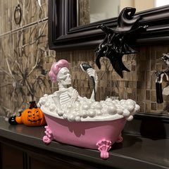 YICKYUE  -  Spooky Skeleton in Pink＆White Bathtub Halloween Ghostly Bathroom Decor Perfect for Prank Gifts Parties Festive Decor