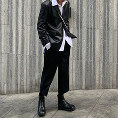 Hearujoy Mens Dark Style Casual Wide Leg Cropped Pants 2024 New Genderless Fashion Versatile Thin Retro Solid Color Suit Pants Unisex