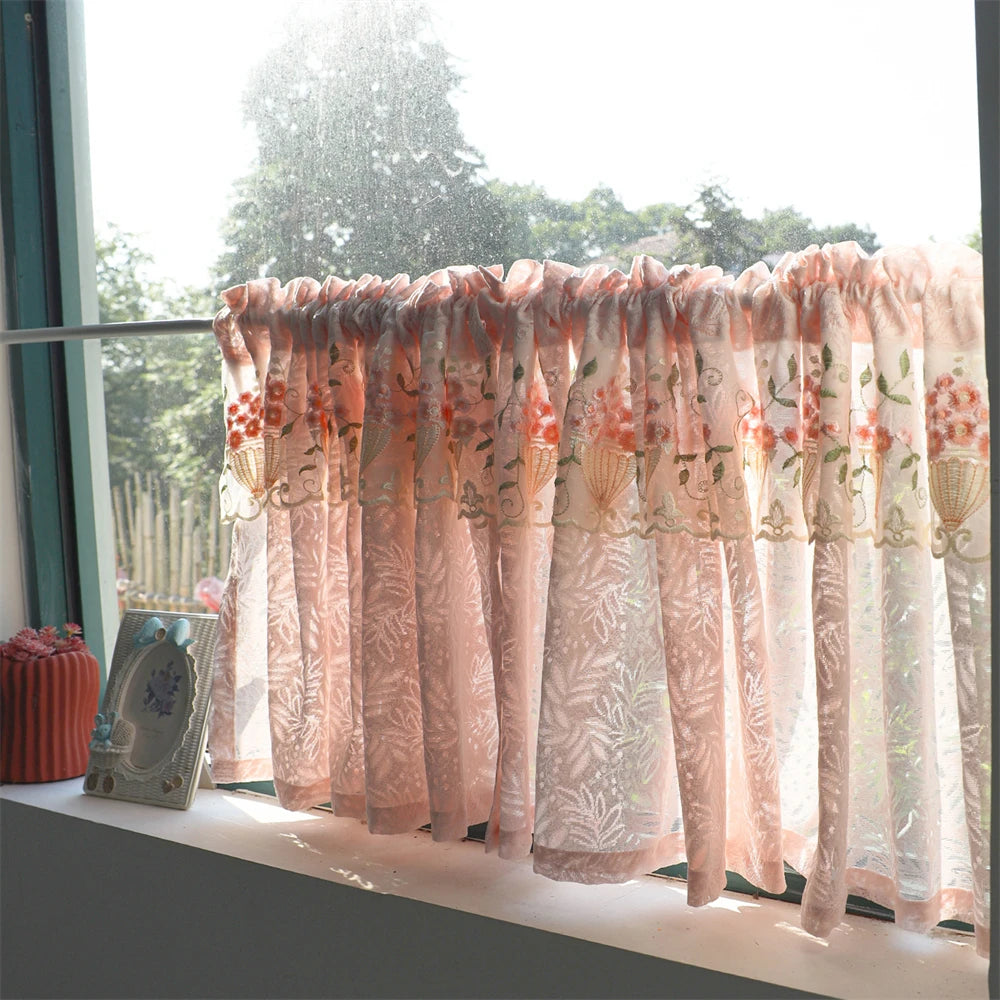 YICKYUE  -  French Countryside Embroidery Lace Short Curtain Without Punching Blackout Curtain Velcro Pink Romantic Home Decoration Curtain